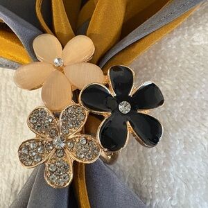 Gold Floral Enamel & Rhinestone Scarf Ring /Slide Scarf Holder